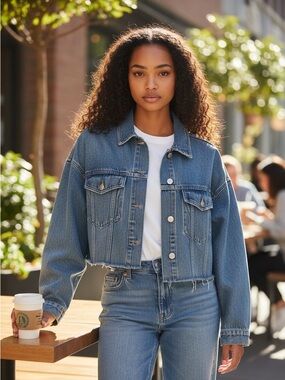 Garage Cropped women's Denim jean Jacket - size Medium Blue